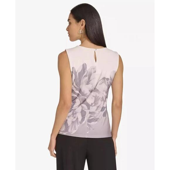 Calvin Klein Women's Petite Printed Pleated-Neck Sleeveless Top in Gray Multi - Picture 3 of 3